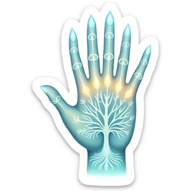 ethereal glowing hand with intricate symbolic palm lines, radiating mystical energy sticker
