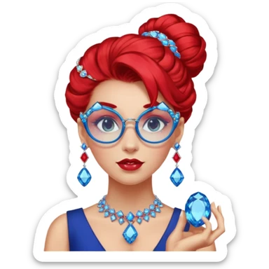 gem lover woman with gem accessories excessive amount gem glassess very big gem earrings red bun hair and redbluediamonds sticker