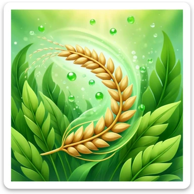 Golden wheat ear floating among green leaves and bright particles, spinning around an ethereal digestive system with soft light texture, while subtle cleansing waves pass through the air like a purifying spell sticker