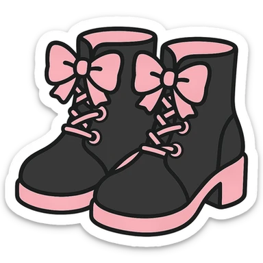 BLACKPINK-inspired gothic shoes, no hearts, black and pink, cute and stylish, kawaii style, lace-up ankle boots with ribbons sticker