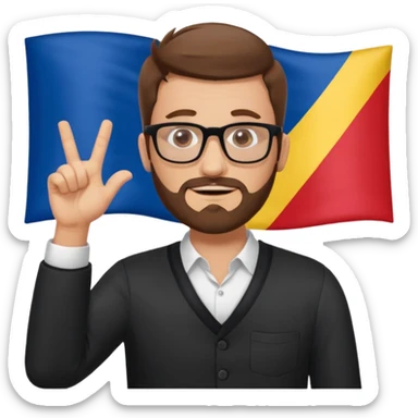A brown-haired man with a designer stubble beard and rectangle glasses. He pose to show him shrugging - raise both shoulders up in a "I don't know" gesture, In the background the Romania flag. sticker