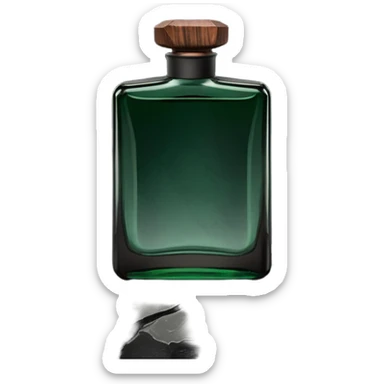 A masculine fragrance bottle featuring a gradient of deep forest green to charred black glass. The cap is made of dark walnut wood. The bottle is placed on a jagged piece of slate rock with a faint mist in the background. Earthy, moody, textured, photorealistic. sticker
