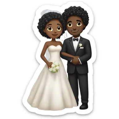 African Bride and Groom. Medium Brown skin. Black long curly hair. Short black haircut. Hugging each other. Eyes closed. sticker