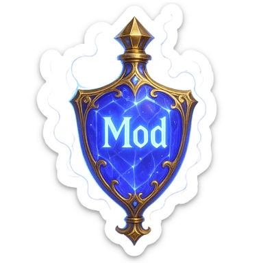 very luxurious crystal shield-shaped elixir bottle, color #7986cb, with inscription 'Mod', lots of glow, edges, ornaments, golden details, magical effects, very small golden neck, transparent background, beautiful seamless base, bottle clearly floating in air, no base or shadow, premium class, modern, matching collection sticker