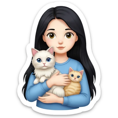 A girl with long black hair holding a cute Ragdoll cat sticker