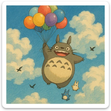 Totoro floating high in the sky, joyfully holding onto a bunch of colorful balloons, with small Totoros trailing behind him and fluffy clouds parting around them as birds fly nearby. sticker