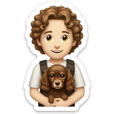 A boy with long brown curls and pale skin with his dark brown chiwawa sticker