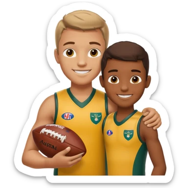 A sportsman has his arm around a young fan and they are holding a AFL sherrin, they are in australian colours, they are smiling, one is white and one is brown sticker
