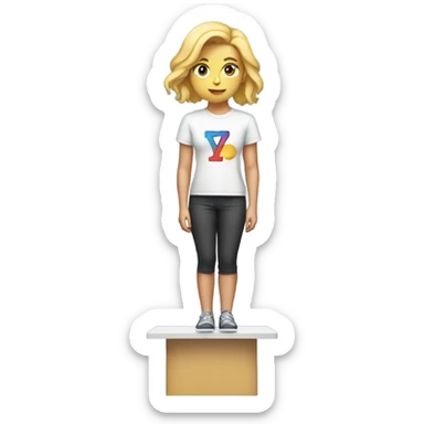 A blonde girl standing on top of a podium wearing a t shirt that says Y7 sticker