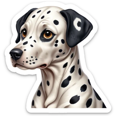 Cinematic Realistic full-body portrait of a Dalmatian dog, rendered with glossy, meticulously detailed spotted fur and expressive, alert eyes, set against a clean, neutral backdrop that highlights its regal and athletic stance. sticker