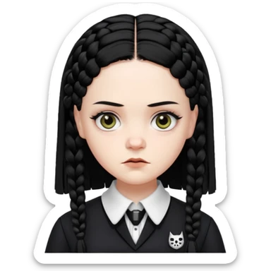 Draw Wednesday Addams (Jenna Ortega) with pale skin, black braids, dark uniform, white collar & intense stare. sticker
