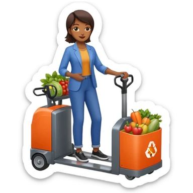 Femme sur un transpalette électrique, portant des canettes de fruits et de légumes sticker