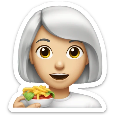 a black-haired white woman with bangs chewing food sticker