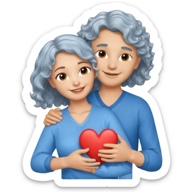 Silver hair, wavy/curly hair chin-length lady giving hug with 2 arms,  v-neck and smiling, add a heart, blue shirt sticker