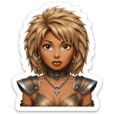 Solarpunk solar aesthetic shiny glowing divine lighting - portrait of Tina Turner in costume from the movie Mad Max Beyond Thunderdome, dramatic backlit by bronze spotlights sticker