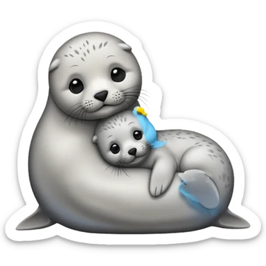 a seal pup cuddling with her mother, warm and affectionate, simple background, emoji style sticker