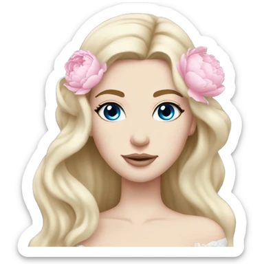 White bride with long light blonde hair and blue eyes with light pink peonies in hair white skin light pink lips sticker