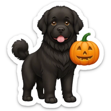 Black newfoundland dog with a pumpkin sticker