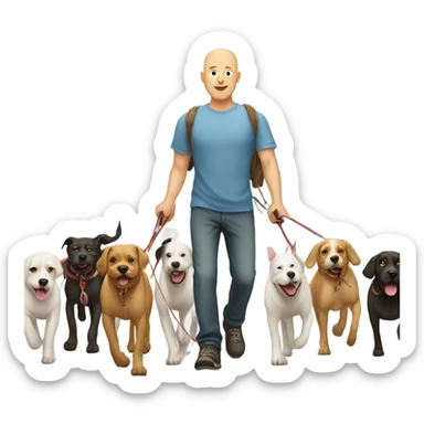 Bald man walking eight dogs on leashes sticker