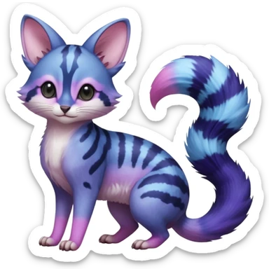 Hyper-realistic Blue-indigo-purple-pink-violet-gradients divine beautiful elegant pretty precious cute young youthful  Fakémon-Pokémon-alien-opossum-feline-serval-caracal-chinchilla-Minccino-hybrid-creature with a big fluffy bushy striped tail (full body) sticker