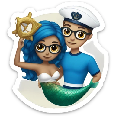 a sailor with brown hair and glasses lifting a mermaid with blue hair sticker