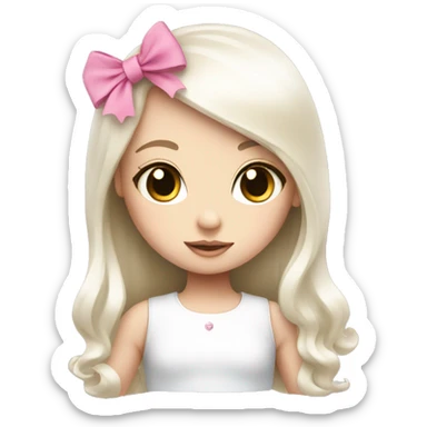 cute white doll with pink bow, long straight hair  sticker
