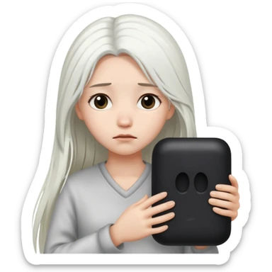 A girl with long white hair is sad and holds a black in her hands sticker