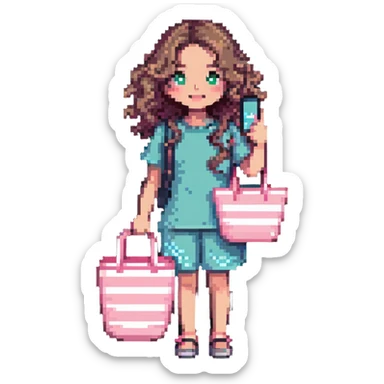 white girl with wavy hair holding her phone and a pink beach bag sticker