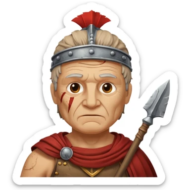 A seasoned Roman veteran with scarred armor, serious expression, gripping his spear.
 sticker