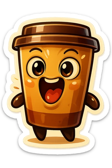 Tall coffee cup, wild, over the top, excited, big eyes, big mouth sticker