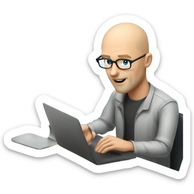 man looks 35 classes, european, tech nerd love pcb designing, blond hair almost bold shorter blue eyes with specs behind macbook on the desk a pcb sticker