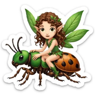 tiny forest elf long curly brown hair tattoos riding beetle sticker
