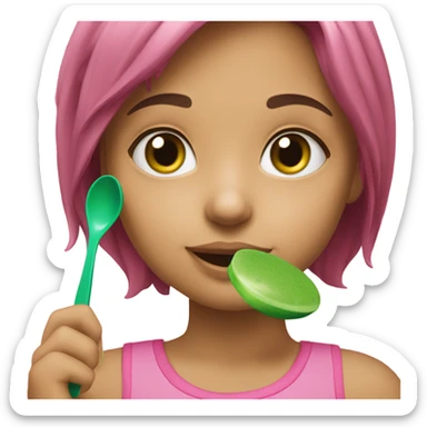 a girl touching her pink lunchbox with green spoon bob haired girl  sticker