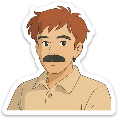 asian man with black mustache and red hair, 90's anime style portrait, ghibli style sticker