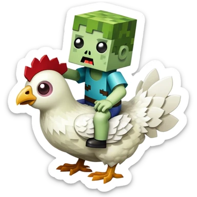 small square-shaped Minecraft baby zombie riding a tiny white chicken sticker