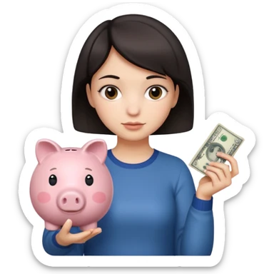 Девушка с тёмными короткими волосами с копилкой в руках складывает в неё деньги  sticker