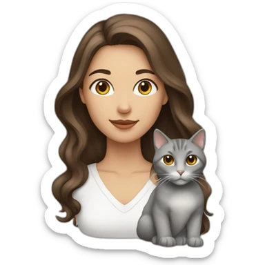 A woman with long wavy brown hair and a grey cat sticker