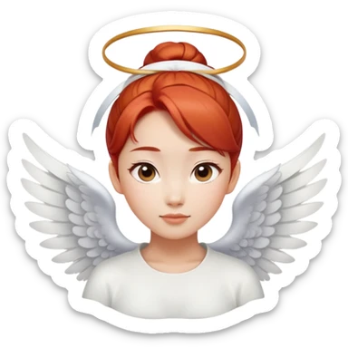 Asian angel with red hair in bun, oval face, and white wings sticker