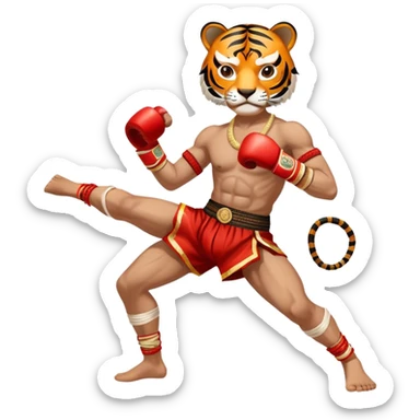 A fierce Muay Thai fighter wearing traditional mongkhon headband and elbow/knee wraps, in fighting stance with a tiger-like intensity, compact and stylized, with gold and red accents sticker