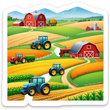 colorful rural landscape, inspired by farming simulators like Farming Simulator 22. The design shows fields, tractors, and barns, with vibrant crops and animals in the background. The peaceful farming scene symbolizes the immersive experience of managing a farm, with a transparent background sticker