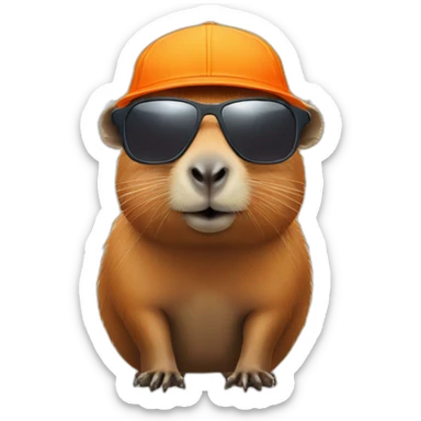 Capybara with sunglasses and an orange on the head sticker