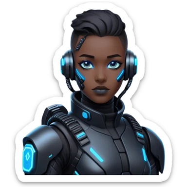 A futuristic cyberpunk soldier, black exosuit, neon blue accents sticker