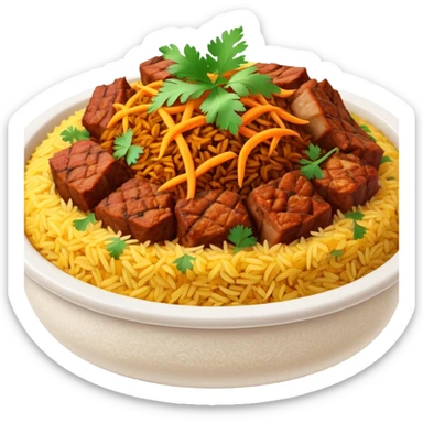 Cinematic Realistic Biryani Dish Emoji, depicted as aromatic basmati rice layered with spiced meat and herbs rendered with vibrant textures and warm, inviting lighting. sticker