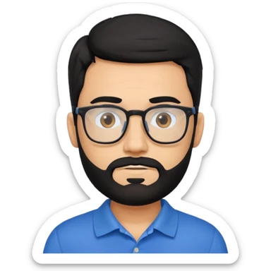 A tanned bearded man with black hair wearing glasses and a blue polo sticker