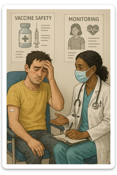 Vertical, educational medical illustration: a healthcare professional observes a patient who appears unwell after receiving a vaccine. The patient sits in a clinic chair, showing mild symptoms such as fatigue or headache, while the professional takes notes and offers reassurance. The background includes educational posters about vaccine safety and monitoring. realistica sticker