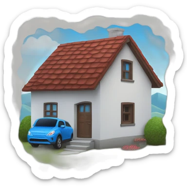 Une maison rouge avec un tout bleu et une femme brune qui sort de cette maison sticker