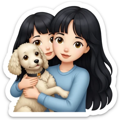 A beautiful girl with long straight black hair and bangs hugs a light-colored curly dog sticker