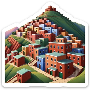 Urban Peruvian hillside neighborhood, brick houses stacked on steep hills, unfinished red brick buildings, colorful painted facades, narrow stairways, electric cables crossing the sky, sunset lighting, realistic style, cinematic, high detail sticker