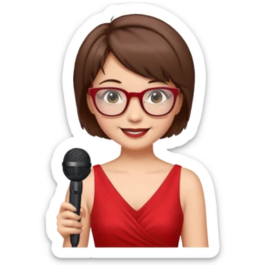 singer, Old, brown short hair, holding mic, red dress, glasses sticker