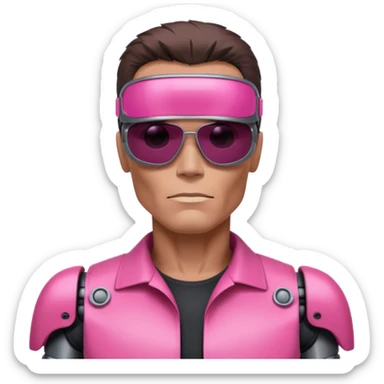 Schwarzenegger-like Terminator, upper body only, wearing his iconic clothes in pink (all clothes must be pink), looking more human with minimal robotic details, and wearing dark sunglasses. sticker